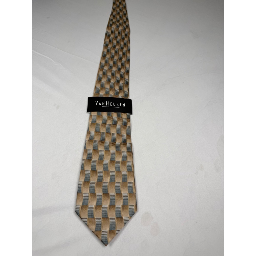 Van Heusen Mens Silk Tie Gold Tan Grey Geometric Block Pattern Hand Made Necktie